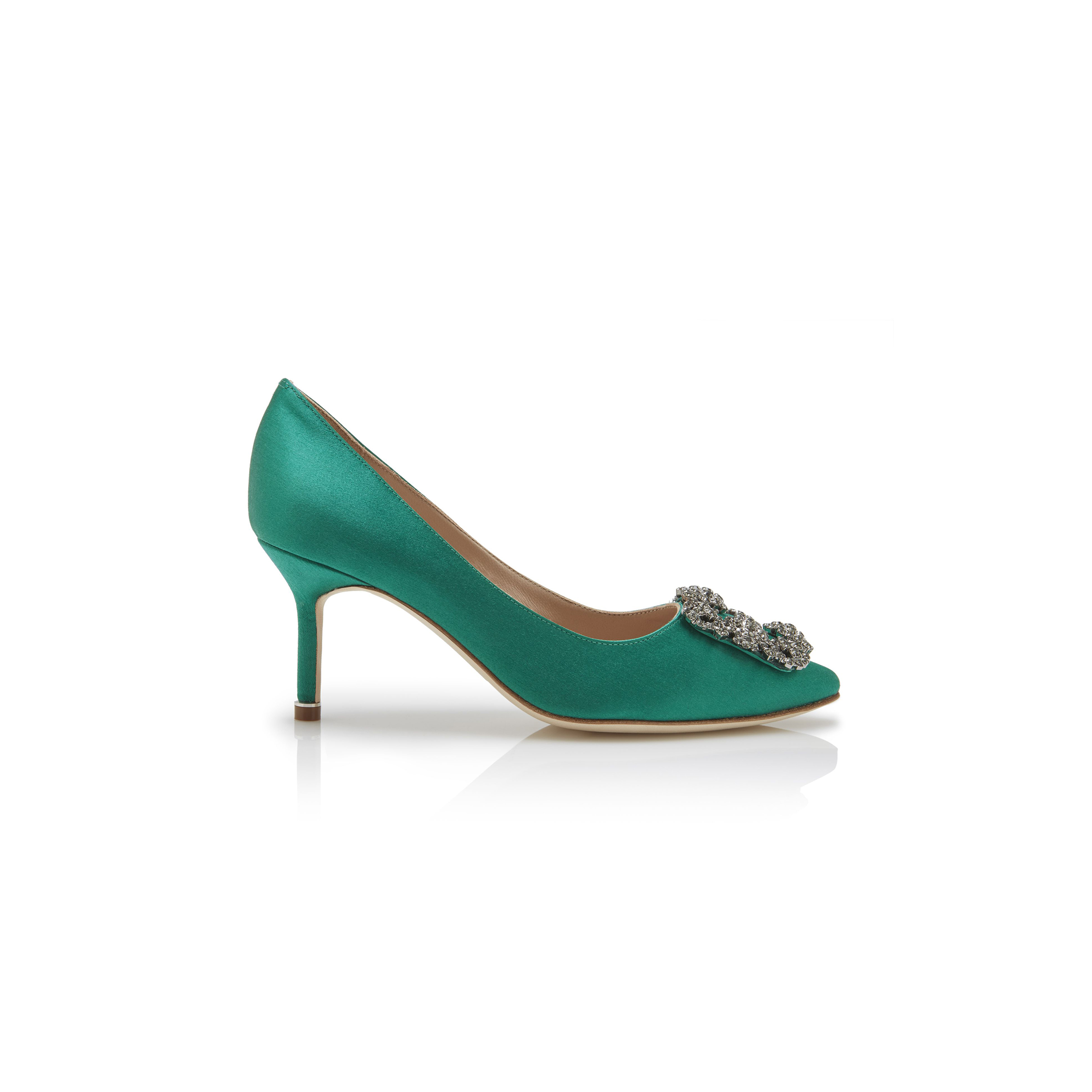 MANOLO BLAHNIK HANGISI 70 GREEN SATIN JEWEL BUCKLE PUMPS 9XX-0662-0030